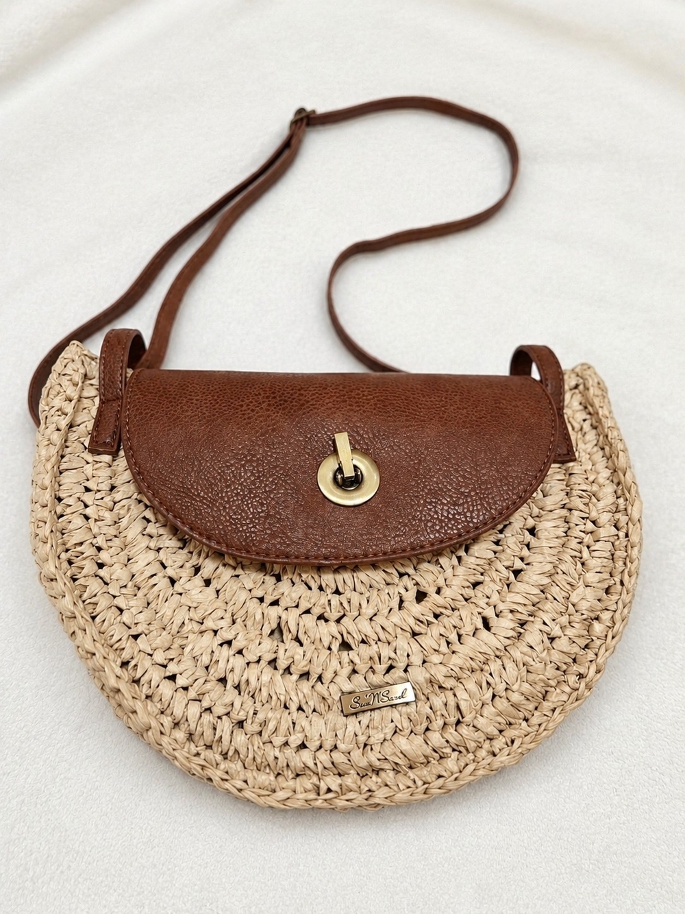 Sun'N'Sand Straw Half Moon Crossbody Bag Tan Faux Leather Boho Summer